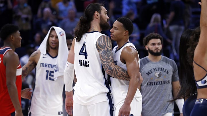 Nov 6, 2022; Memphis, Tennessee, USA; Memphis Grizzlies center Steven Adams (4) and Memphis Grizzlies guard Desmond Bane (22) embrace after the game against the Washington Wizards at FedExForum. Mandatory Credit: Petre Thomas-Imagn Images