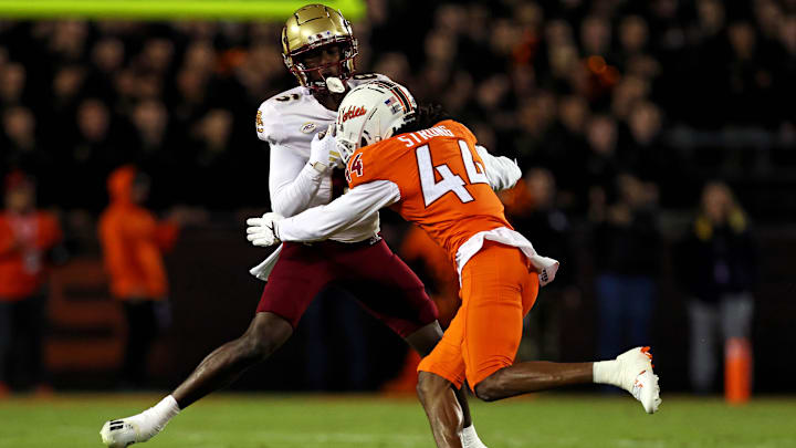 Oct 17, 2024; Blacksburg, Virginia, USA; Boston College Eagles wide receiver Jaedn Skeete (6) makes a catch against Virginia Tech Hokies cornerback Dorian Strong (44) during the first quarter at Lane Stadium. Oct 17, 2024; Blacksburg, Virginia, USA; Boston College Eagles wide receiver Jaedn Skeete (6) makes a catch against Virginia Tech Hokies cornerback Dorian Strong (44) during the first quarter at Lane Stadium.