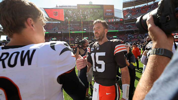 Cleveland Browns quarterback Joe Flacco (15) congratulates Cincinnati Bengals quarterback Joe Burrow (9) after losing to the Bengals in an NFL football game at Huntington Bank Field, Sept. 7, 2025, in Cleveland, Ohio. Cleveland Browns quarterback Joe Flacco (15) congratulates Cincinnati Bengals quarterback Joe Burrow (9) after losing to the Bengals in an NFL football game at Huntington Bank Field, Sept. 7, 2025, in Cleveland, Ohio.