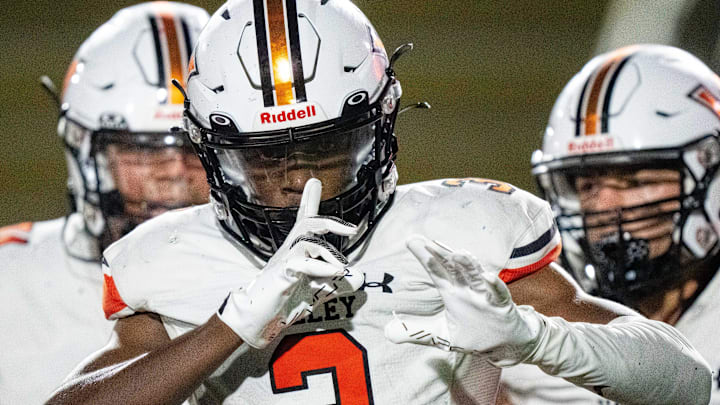 Valley's Zay Robinson (3) celebrates a score during a game against Southeast Polk on Friday, Aug. 30, 2024, at Southeast Polk Stadium.