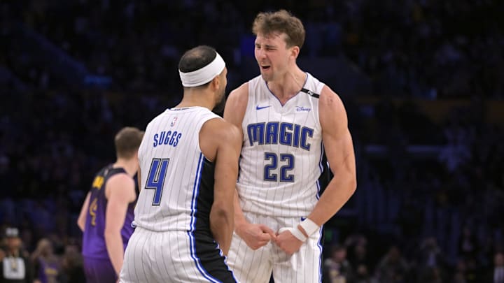 Orlando Magic forward Franz Wagner (22) celebrates with guard Jalen Suggs (4) after defeating the Los Angeles Lakers with a 3-point basket with 2.5 seconds left in the game at Crypto.com Arena.