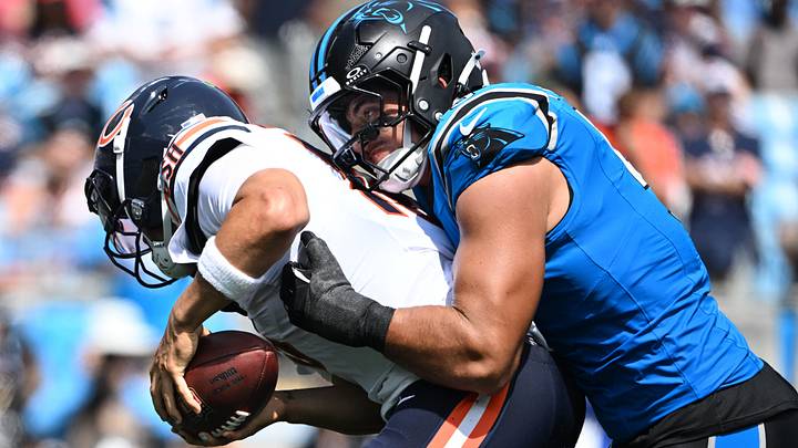 Chicago Bears quarterback Caleb Williams (18) is sacked by Carolina Panthers linebacker Jaelan Phillips (5) in the second quarter at Bank of America Stadium. Mandatory Credit: Bob Donnan-Imagn Images Chicago Bears quarterback Caleb Williams (18) is sacked by Carolina Panthers linebacker Jaelan Phillips (5) in the second quarter at Bank of America Stadium. Mandatory Credit: Bob Donnan-Imagn Images