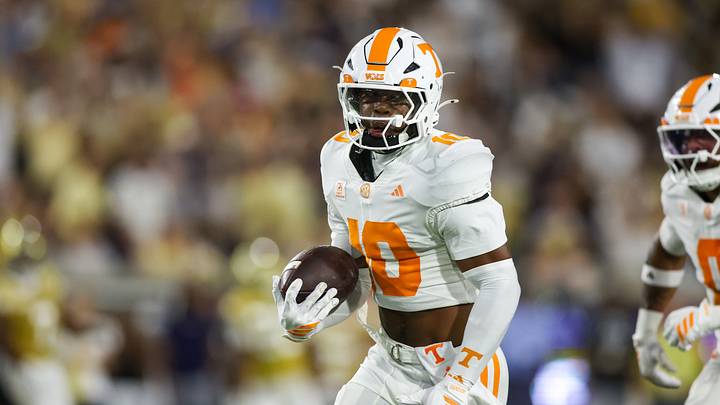 Sep 12, 2026; Atlanta, Georgia, USA; Tennessee Volunteers defensive back Dejuan Lane (10) returns an interception for a touchdown against the Georgia Tech Yellow Jackets in the second quarter at Bobby Dodd Stadium at Hyundai Field. Mandatory Credit: Brett Davis-Imagn Images