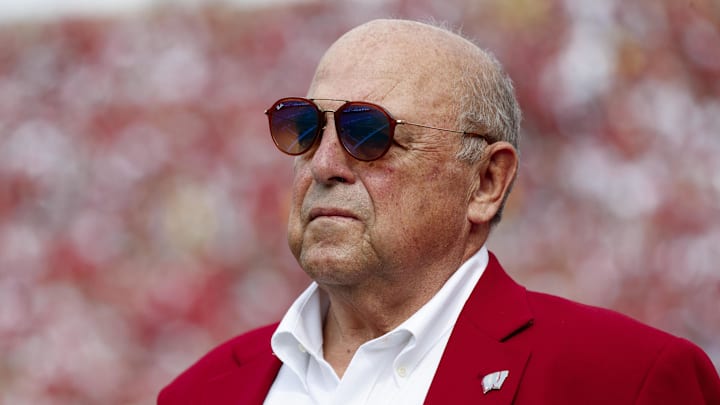 Oct 2, 2021; Madison, Wisconsin, USA;  Former Wisconsin Badgers athletic director and football head coach Barry Alvarez looks on during the second quarter against the Michigan Wolverines at Camp Randall Stadium. Mandatory Credit: Jeff Hanisch-Imagn Images