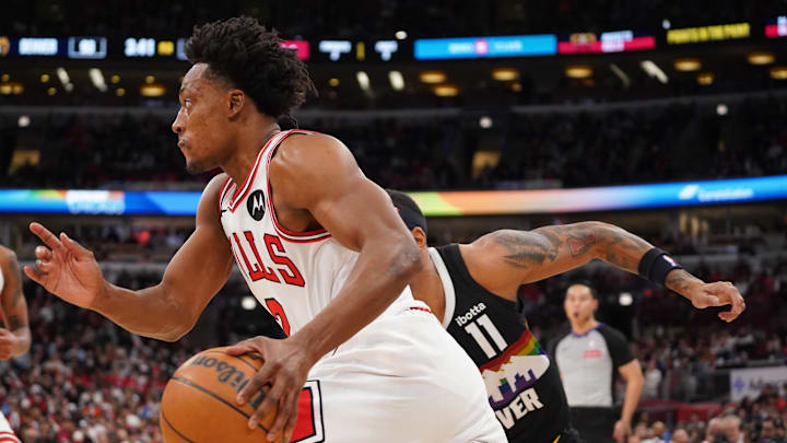 Feb 7, 2026; Chicago, Illinois, USA; Denver Nuggets guard Bruce Brown (11) defends Chicago Bulls guard Collin Sexton (2) during the second half at United Center. Mandatory Credit: David Banks-Imagn Images