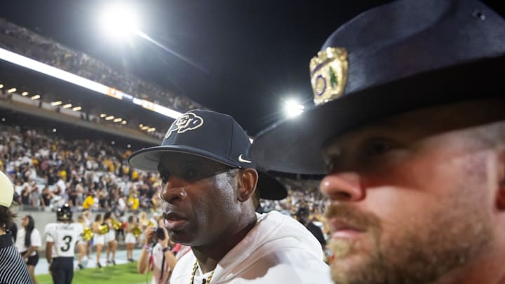 Oct 7, 2023; Tempe, Arizona, USA; Colorado Buffaloes head coach Deion Sanders against the Arizona State Sun Devils at Mountain America Stadium. Mandatory Credit: Mark J. Rebilas-Imagn Images