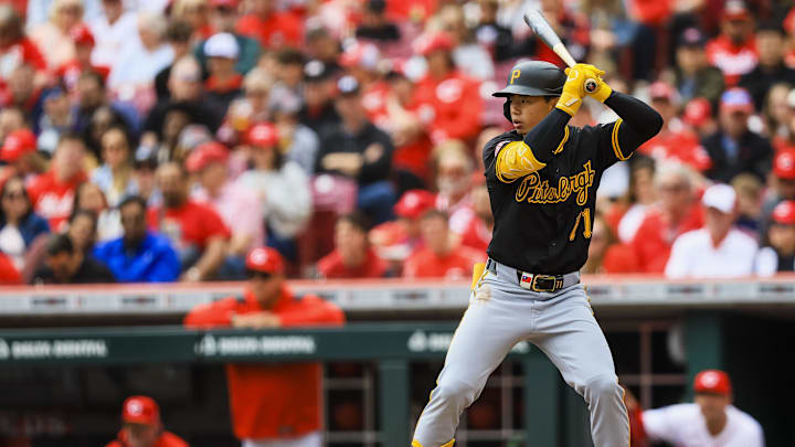 Apr 13, 2025; Cincinnati, Ohio, USA; Pittsburgh Pirates shortstop Tsung-Che Cheng (71) at bat in the second inning against the Cincinnati Reds at Great American Ball Park. Mandatory Credit: Katie Stratman-Imagn Images