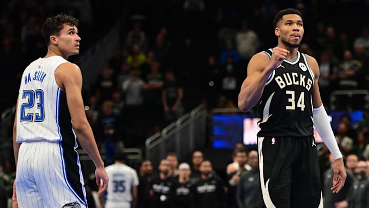 Milwaukee Bucks forward Giannis Antetokounmpo (34) reacts after the Milwaukee Bucks defeated the Orlando Magic as Magic forward Tristan da Silva (23) looks on at Fiserv Forum.
