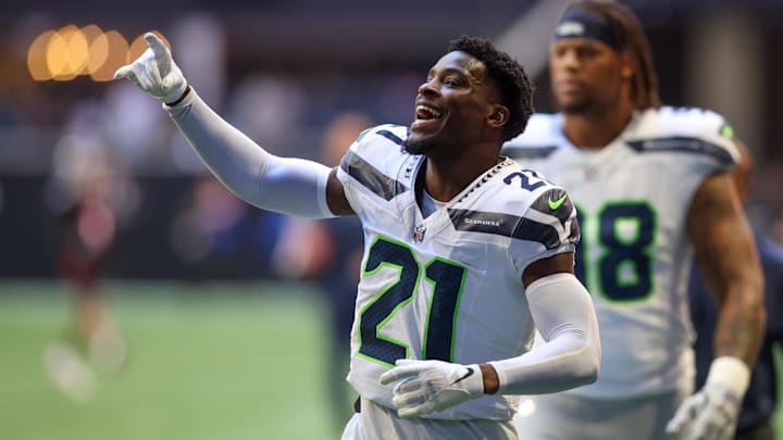 Oct 20, 2024; Atlanta, Georgia, USA; Seattle Seahawks cornerback Devon Witherspoon (21) runs off the field before a game against the Atlanta Falcons at Mercedes-Benz Stadium. Mandatory Credit: Brett Davis-Imagn Images