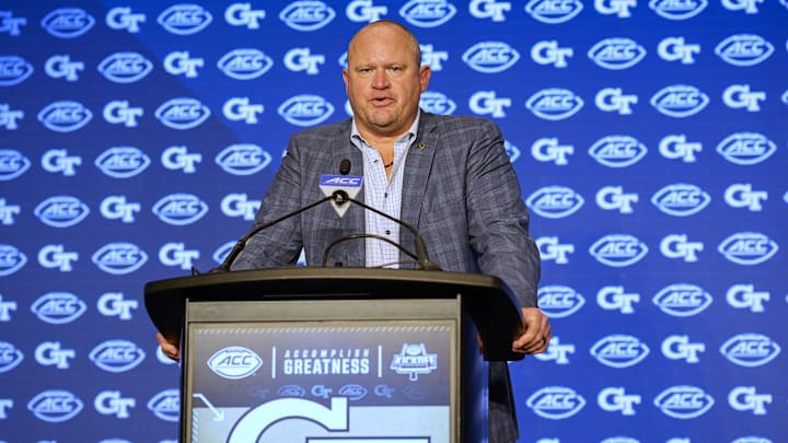 Jul 22, 2024; Charlotte, NC, USA; Georgia Tech head coach Brent Key speaks to the media during ACC Kickoff at Hilton Charlotte Uptown. Mandatory Credit: Jim Dedmon-Imagn Images