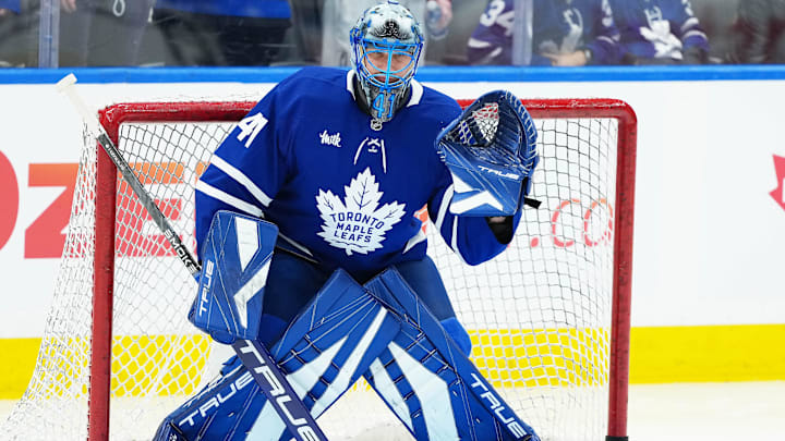 Nov 5, 2025; Toronto, Ontario, CAN; Toronto Maple Leafs goaltender Anthony Stolarz (41) takes pucks during the warmup before a game against the Utah Mammoth at Scotiabank Arena. Mandatory Credit: Nick Turchiaro-Imagn Images