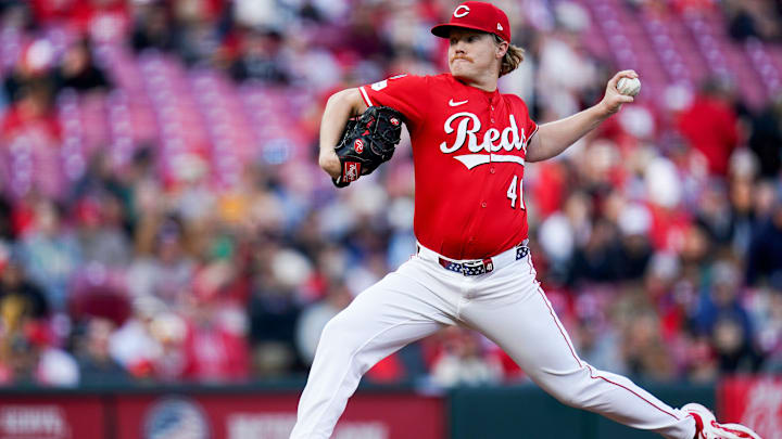 Cincinnati Reds pitcher Andrew Abbott (41) throws a pitch in the first inning of a MLB game between the Cincinnati Reds and Pittsburgh Pirates, Saturday, April 12, 2025, at Great American Ball Park in Downtown Cincinnati. Cincinnati Reds pitcher Andrew Abbott (41) throws a pitch in the first inning of a MLB game between the Cincinnati Reds and Pittsburgh Pirates, Saturday, April 12, 2025, at Great American Ball Park in Downtown Cincinnati.