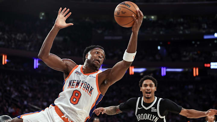 Nov 17, 2024; New York, New York, USA; New York Knicks forward OG Anunoby (8) grabs a rebound in the first quarter against the Brooklyn Nets at Madison Square Garden. Mandatory Credit: Wendell Cruz-Imagn Images Nov 17, 2024; New York, New York, USA; New York Knicks forward OG Anunoby (8) grabs a rebound in the first quarter against the Brooklyn Nets at Madison Square Garden. Mandatory Credit: Wendell Cruz-Imagn Images