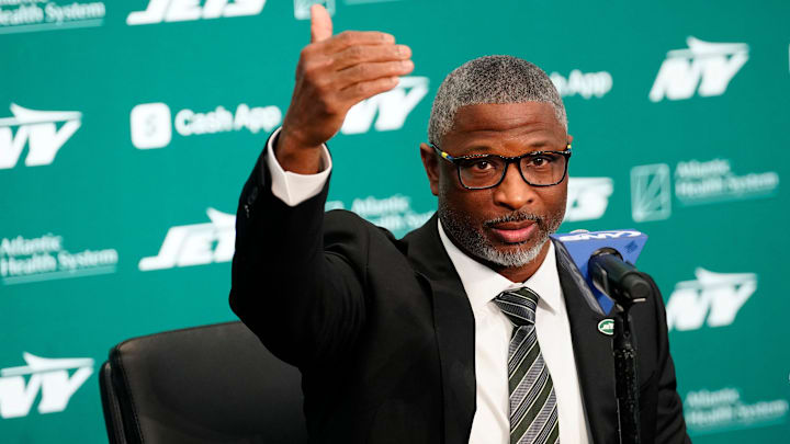 New York Jets Head Coach Aaron Glenn, is shown as he speaks during a press conference, at the Atlantic Health Jets Training Center, Monday, January 27, 2025, in Florham Park. Glenn spoke about not just getting the Jets to a winning record but to sustain them as a championship caliber team. New York Jets Head Coach Aaron Glenn, is shown as he speaks during a press conference, at the Atlantic Health Jets Training Center, Monday, January 27, 2025, in Florham Park. Glenn spoke about not just getting the Jets to a winning record but to sustain them as a championship caliber team.