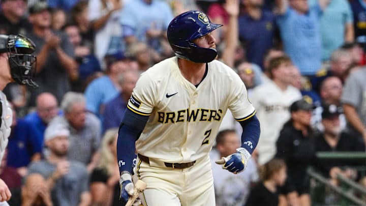 Aug 12, 2025; Milwaukee, Wisconsin, USA; Milwaukee Brewers second baseman Brice Turang (2) hits a solo home run in the fourth inning against the Pittsburgh Pirates at American Family Field. Mandatory Credit: Benny Sieu-Imagn Images Aug 12, 2025; Milwaukee, Wisconsin, USA; Milwaukee Brewers second baseman Brice Turang (2) hits a solo home run in the fourth inning against the Pittsburgh Pirates at American Family Field. Mandatory Credit: Benny Sieu-Imagn Images