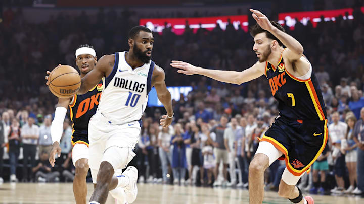 Apr 14, 2024; Oklahoma City, Oklahoma, USA; Dallas Mavericks forward Tim Hardaway Jr. (10) drives to Apr 14, 2024; Oklahoma City, Oklahoma, USA; Dallas Mavericks forward Tim Hardaway Jr. (10) drives to