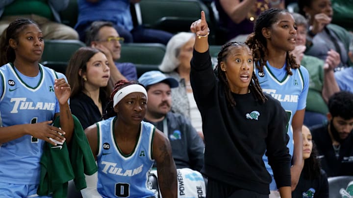 Nov 17, 2025; New Orleans, Louisiana, USA; Tulane Green Wave head coach Ashley Langford reacts during the first half against the LSU Tigers at Avron B. Fogelman Arena in Devlin Fieldhouse. Mandatory Credit: Matthew Hinton-Imagn Images