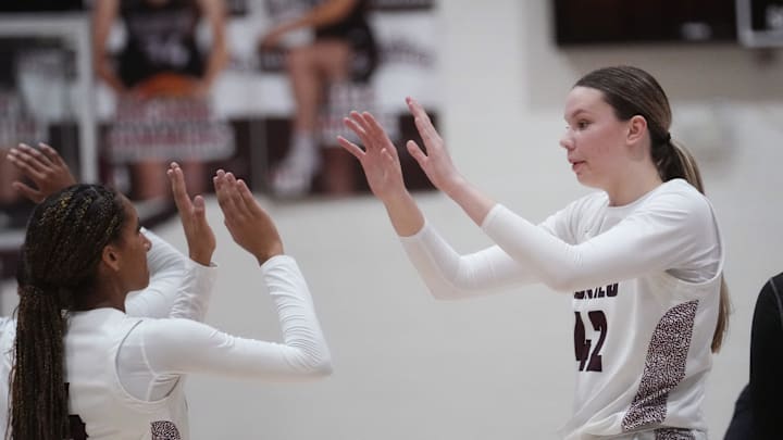 Hamilton Huskies teammates Callie Hinder (42) and Kayla Adams (4) high-five in their Open Division quarterfinals game against the Gilbert Tigers at Hamilton High School.