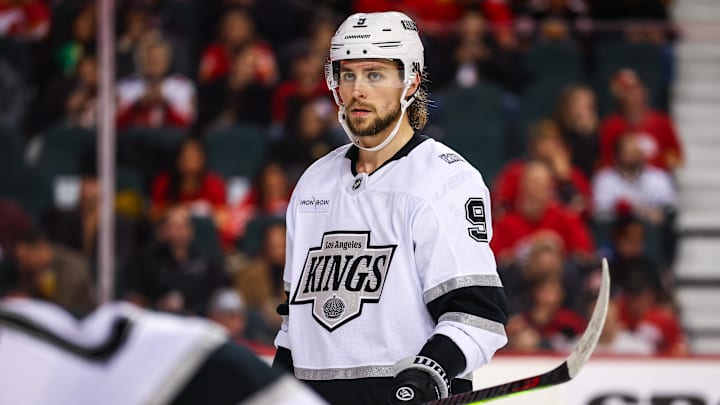 Jan 11, 2025; Calgary, Alberta, CAN; Los Angeles Kings right wing Adrian Kempe (9) against the Calgary Flames during the third period at Scotiabank Saddledome. Mandatory Credit: Sergei Belski-Imagn Images