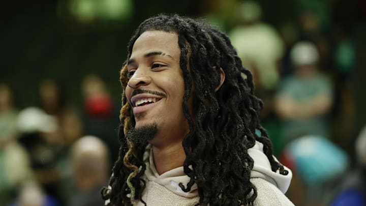 Mar 21, 2026; Charlotte, North Carolina, USA; Memphis Grizzlies guard Ja Morant stands on the court following the game against the Charlotte Hornets at Spectrum Center. Mandatory Credit: Brian Westerholt-Imagn Images