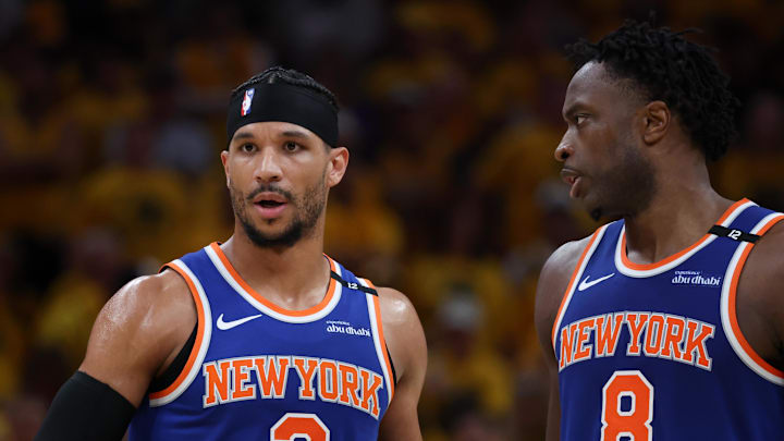 New York Knicks guard Josh Hart and forward OG Anunoby speak in the third quarter. Mandatory Credit: Trevor Ruszkowski-Imagn Images