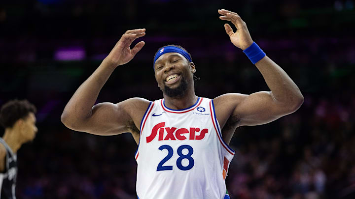 Philadelphia 76ers forward Guerschon Yabusele reacts after his dunk and foul call. Philadelphia 76ers forward Guerschon Yabusele reacts after his dunk and foul call.