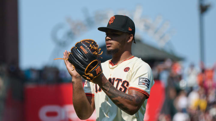 Jul 28, 2024; San Francisco, California, USA; San Francisco Giants pitcher Camilo Doval (75) reacts after the final out of the game against the Colorado Rockies during the ninth inning at Oracle Park. 