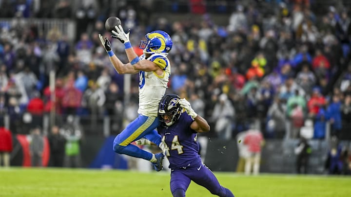 Dec 10, 2023; Baltimore, Maryland, USA;  Los Angeles Rams wide receiver Cooper Kupp (10) leaps to