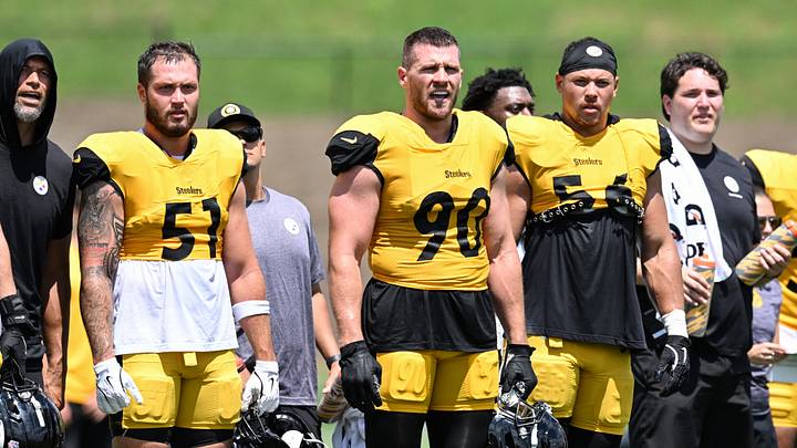 Aug 03, 2026; Latrobe, PA, USA; Pittsburgh Steelers linebackers Nick Herbig (51), T.J. Watt (90) and Alex Highsmith (56) participate in a practice session at Training camp at Saint Vincent College. Mandatory Credit: Barry Reeger-Imagn Images Aug 03, 2026; Latrobe, PA, USA; Pittsburgh Steelers linebackers Nick Herbig (51), T.J. Watt (90) and Alex Highsmith (56) participate in a practice session at Training camp at Saint Vincent College. Mandatory Credit: Barry Reeger-Imagn Images