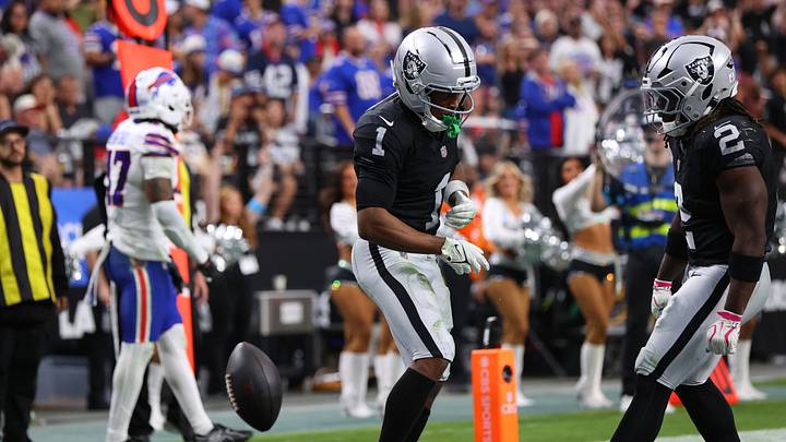 Oct 18, 2026; Paradise, Nevada, USA; Las Vegas Raiders wide receiver Tre Tucker (1) reacts after scoring a touchdown pass in the fourth quarter against the Buffalo Bills at Allegiant Stadium. Mandatory Credit: Christopher Trim-Imagn Images Oct 18, 2026; Paradise, Nevada, USA; Las Vegas Raiders wide receiver Tre Tucker (1) reacts after scoring a touchdown pass in the fourth quarter against the Buffalo Bills at Allegiant Stadium. Mandatory Credit: Christopher Trim-Imagn Images
