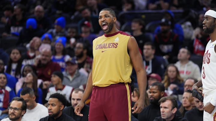 Nov 13, 2024; Philadelphia, Pennsylvania, USA; Cleveland Cavaliers center Tristan Thompson (13) reacts against the Philadelphia 76ers in the third quarter at Wells Fargo Center. Mandatory Credit: Kyle Ross-Imagn Images