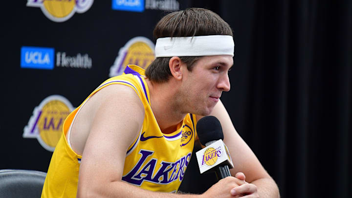 Sep 29, 2025; Los Angeles, CA, USA; Los Angeles Lakers guard Austin Reaves (15) during media day at UCLA Health Training Center. Mandatory Credit: Gary A. Vasquez-Imagn Images
