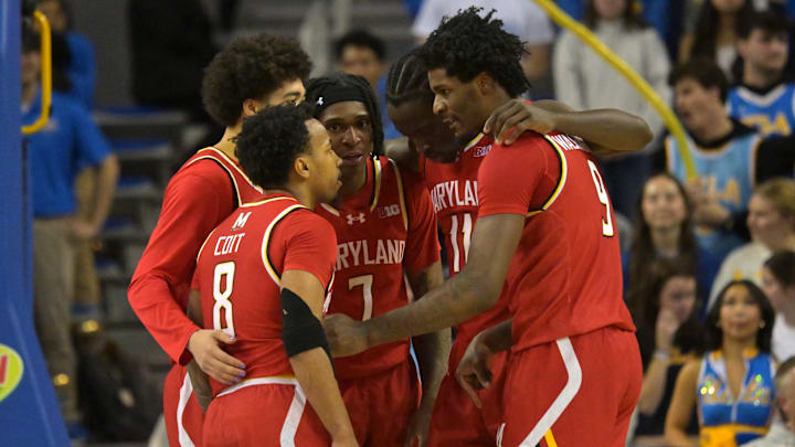 Jan 10, 2026; Los Angeles, California, USA; Maryland Terrapins players huddle in the second half against the UCLA Bruins at Pauley Pavilion presented by Wescom Financial. Mandatory Credit: Jayne Kamin-Oncea-Imagn Images
