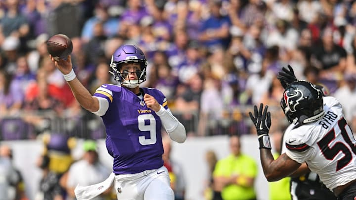 Aug 9, 2025; Minneapolis, Minnesota, USA; Minnesota Vikings quarterback J.J. McCarthy (9) throws a pass as Houston Texans defensive end Solomon Byrd (50) pursues during the first quarter at U.S. Bank Stadium. Mandatory Credit: Jeffrey Becker-Imagn Images Aug 9, 2025; Minneapolis, Minnesota, USA; Minnesota Vikings quarterback J.J. McCarthy (9) throws a pass as Houston Texans defensive end Solomon Byrd (50) pursues during the first quarter at U.S. Bank Stadium. Mandatory Credit: Jeffrey Becker-Imagn Images