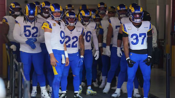 Nov 9, 2025; Santa Clara, California, USA; Los Angeles Rams quarterback Matthew Stafford (9) waits to lead the Los Angeles Rams onto the field prior to the game against the San Francisco 49ers at Levi's Stadium. Mandatory Credit: Cary Edmondson-Imagn Images