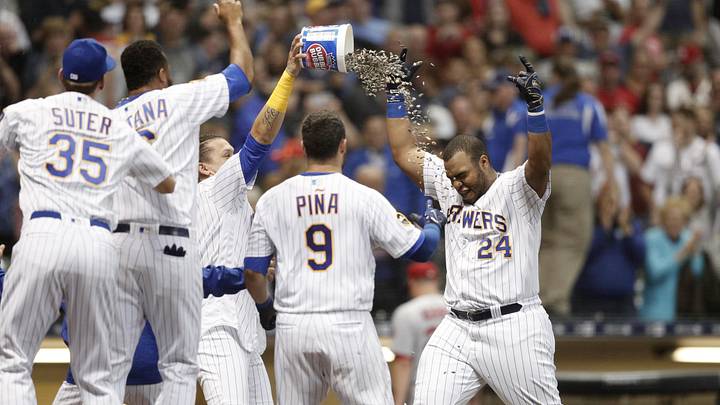 Jun 22, 2018; Milwaukee, WI, USA; Milwaukee Brewers first baseman Jesus Aguilar (24) celebrates after hitting a walk off home run during the ninth inning against the St. Louis Cardinals at Miller Park. Mandatory Credit: Jeff Hanisch-Imagn Images Jun 22, 2018; Milwaukee, WI, USA; Milwaukee Brewers first baseman Jesus Aguilar (24) celebrates after hitting a walk off home run during the ninth inning against the St. Louis Cardinals at Miller Park. Mandatory Credit: Jeff Hanisch-Imagn Images