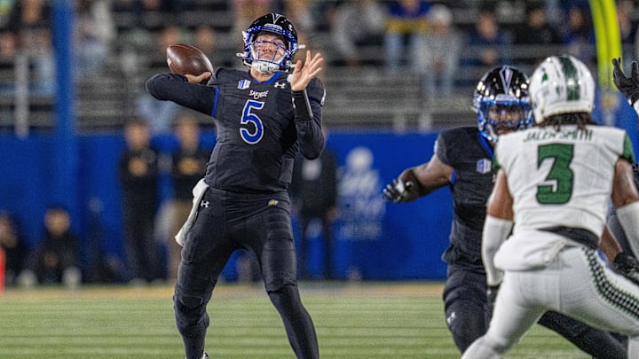 Nov 1, 2025; San Jose, California, USA; San Jose State Spartans quarterback Walker Eget (5) passes the football against the Hawaii Rainbow Wahine during the first quarter at CEFCU Stadium. Mandatory Credit: Neville E. Guard-Imagn Images
