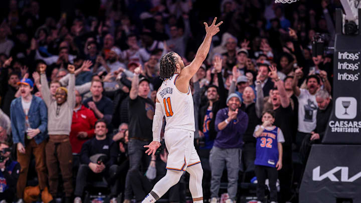Feb 3, 2025; New York, New York, USA; New York Knicks guard Jalen Brunson (11) reacts after makes a three point basket during the second half against the Houston Rockets at Madison Square Garden. Mandatory Credit: Vincent Carchietta-Imagn Images