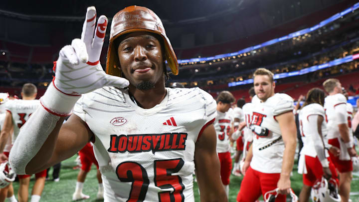 Sep 1, 2023; Atlanta, Georgia, USA; Louisville Cardinals running back Jawhar Jordan (25) celebrates