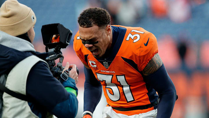 Oct 29, 2023; Denver, Colorado, USA; Denver Broncos safety Justin Simmons (31) reacts after the game
