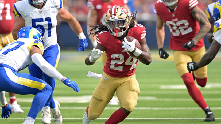 Sep 22, 2024; Inglewood, California, USA; San Francisco 49ers running back Jordan Mason (24) carries the ball in the second half against the Los Angeles Rams at SoFi Stadium. Mandatory Credit: Jayne Kamin-Oncea-Imagn Images Sep 22, 2024; Inglewood, California, USA; San Francisco 49ers running back Jordan Mason (24) carries the ball in the second half against the Los Angeles Rams at SoFi Stadium. Mandatory Credit: Jayne Kamin-Oncea-Imagn Images