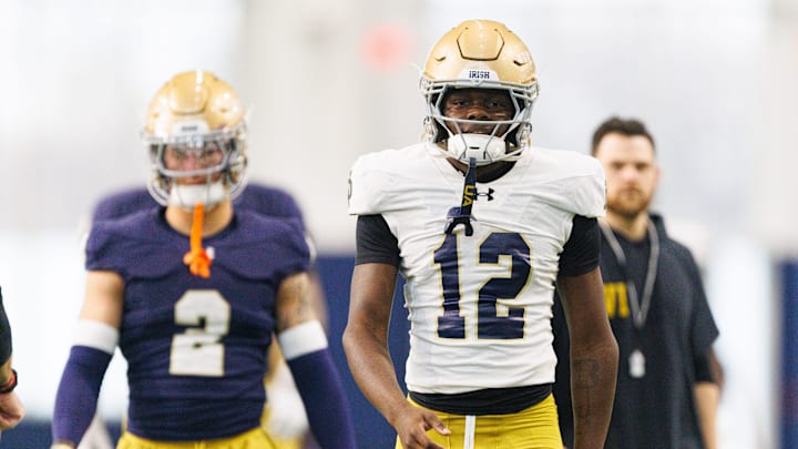 Defensive back Jayden Sanders (12) during a Notre Dame football practice at Irish Athletic Center on Wednesday, April 8, 2026, in South Bend.