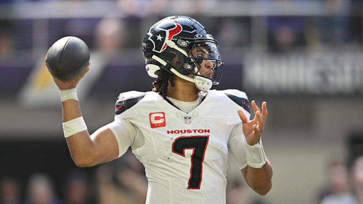 Sep 22, 2024; Minneapolis, Minnesota, USA; Houston Texans quarterback C.J. Stroud (7) throws a pass during the second quarter against the Minnesota Vikings at U.S. Bank Stadium. Mandatory Credit: Jeffrey Becker-Imagn Images