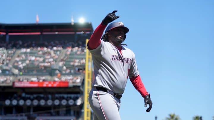Aug 9, 2025; San Francisco, California, USA; Washington Nationals first baseman Josh Bell (19) reacts after hitting a home run against the San Francisco Giants in the third inning at Oracle Park. 