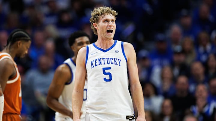 Jan 21, 2026; Lexington, Kentucky, USA; Kentucky Wildcats guard Collin Chandler (5) reacts during the second half against the Texas Longhorns at Rupp Arena at Central Bank Center. Mandatory Credit: Jordan Prather-Imagn Images