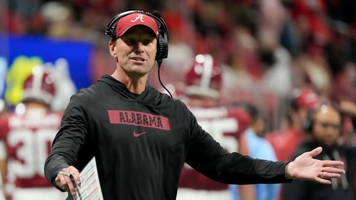 Dec 6, 2025; Atlanta, GA, USA; Alabama head coach Kalen DeBoer gestures on the sidelines after a dropped pass in the end zone against Georgia at Mercedes-Benz Stadium. Mandatory Credit: Gary Cosby Jr.-Tuscaloosa News