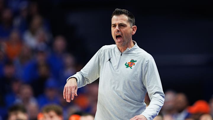 Mar 7, 2026; Lexington, Kentucky, USA; Florida Gators head coach Todd Golden yells to his players during the first half against the Kentucky Wildcats at Rupp Arena at Central Bank Center. Mandatory Credit: Jordan Prather-Imagn Images