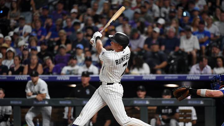 Jun 10, 2026; Denver, Colorado, USA; Colorado Rockies infielder TJ Rumfield (7) hits a home run to take the lead in the eighth inning against the Chicago Cubs at Coors Field. Mandatory Credit: Christopher Hanewinckel-Imagn Images Jun 10, 2026; Denver, Colorado, USA; Colorado Rockies infielder TJ Rumfield (7) hits a home run to take the lead in the eighth inning against the Chicago Cubs at Coors Field. Mandatory Credit: Christopher Hanewinckel-Imagn Images