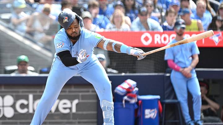 Jun 6, 2026; Toronto, Ontario, CAN; Toronto Blue Jays first baseman Vladimir Guerrero Jr. (27) strikes out swinging against the Baltimore Orioles in the fourth inning at Rogers Centre. Jun 6, 2026; Toronto, Ontario, CAN; Toronto Blue Jays first baseman Vladimir Guerrero Jr. (27) strikes out swinging against the Baltimore Orioles in the fourth inning at Rogers Centre.