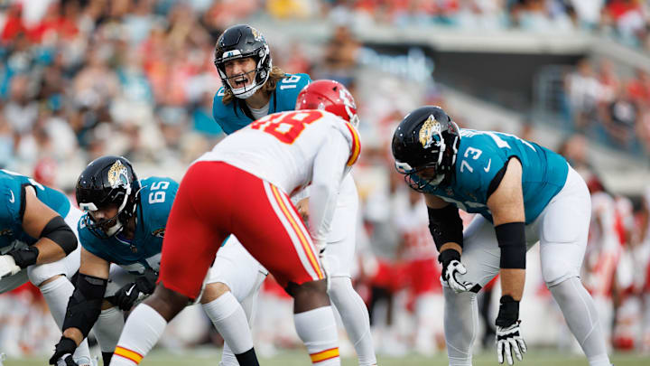 Aug 10, 2024; Jacksonville, Florida, USA; Jacksonville Jaguars quarterback Trevor Lawrence (16) calls an audible during the first quarter against the Kansas City Chiefs at EverBank Stadium. Mandatory Credit: Douglas DeFelice-Imagn Images Aug 10, 2024; Jacksonville, Florida, USA; Jacksonville Jaguars quarterback Trevor Lawrence (16) calls an audible during the first quarter against the Kansas City Chiefs at EverBank Stadium. Mandatory Credit: Douglas DeFelice-Imagn Images